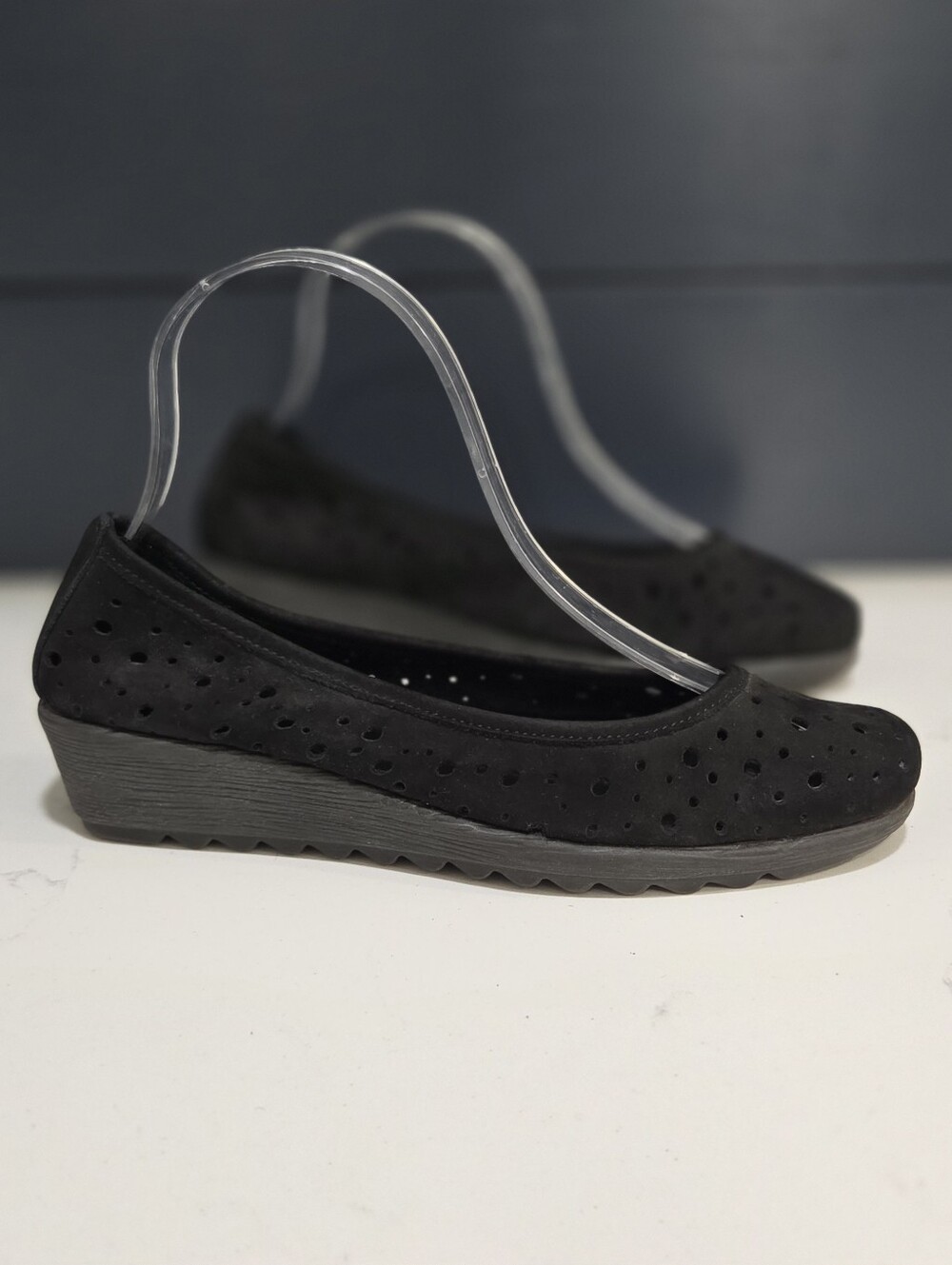 THE FLEXX Black Perforated Wedge Ballet Slip On Shoe Soft Leather Size 6